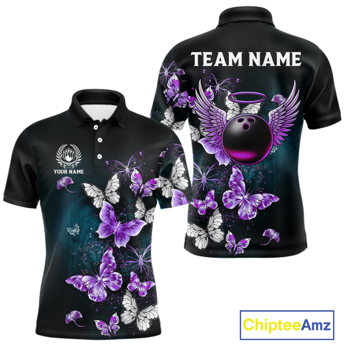 Custom Purple Butterfly Bowling Polo, 1/4 zip jerseys For Men, Bowling Team Shirt With Butterflies NQS11613