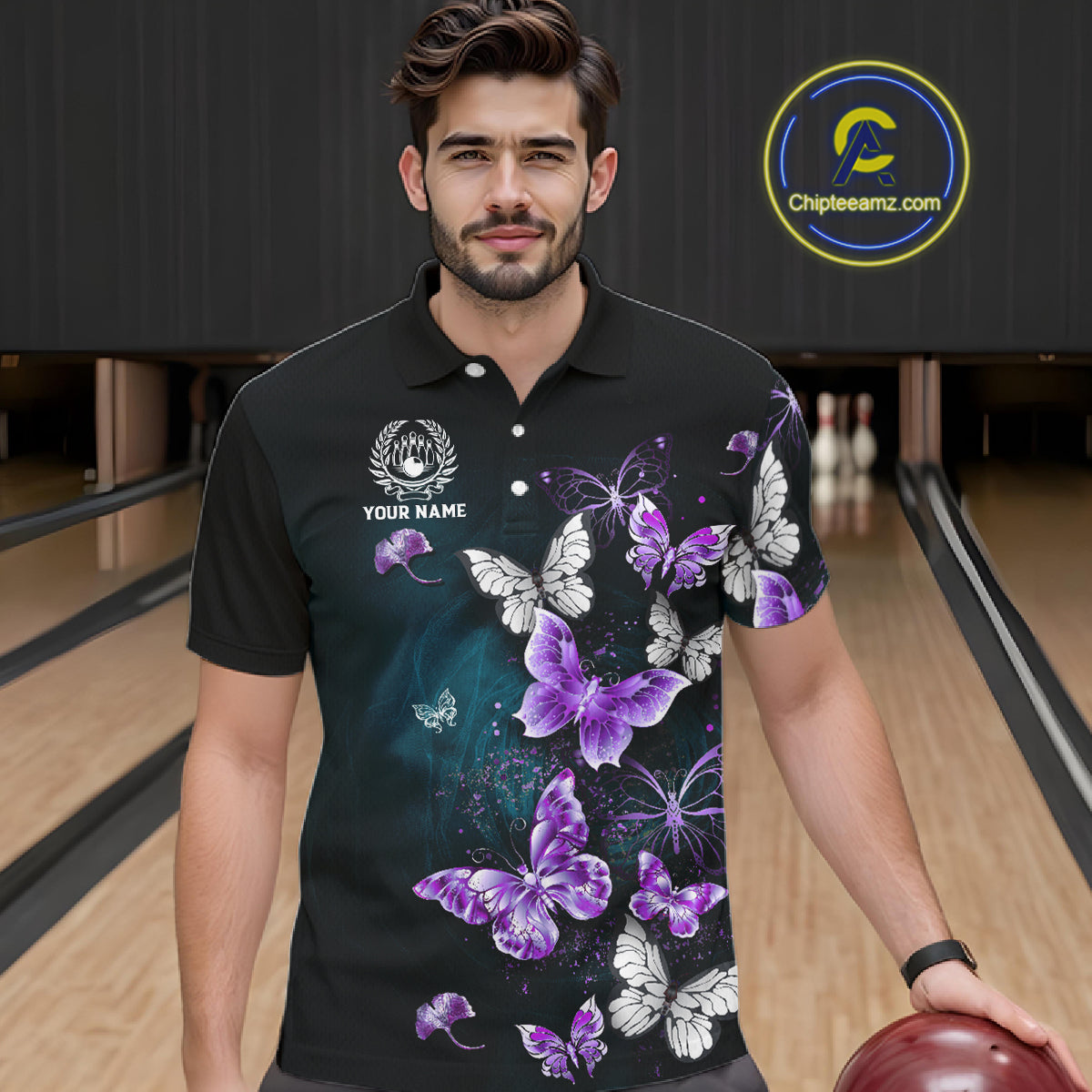 Custom Purple Butterfly Bowling Polo, 1/4 zip jerseys For Men, Bowling Team Shirt With Butterflies NQS11613