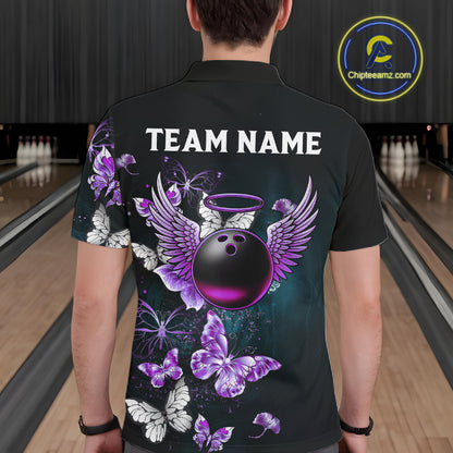 Custom Purple Butterfly Bowling Polo, 1/4 zip jerseys For Men, Bowling Team Shirt With Butterflies NQS11613