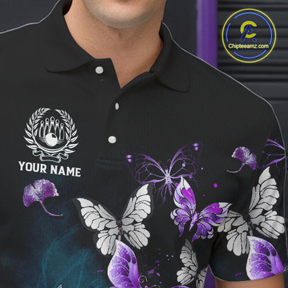 Custom Purple Butterfly Bowling Polo, 1/4 zip jerseys For Men, Bowling Team Shirt With Butterflies NQS11613
