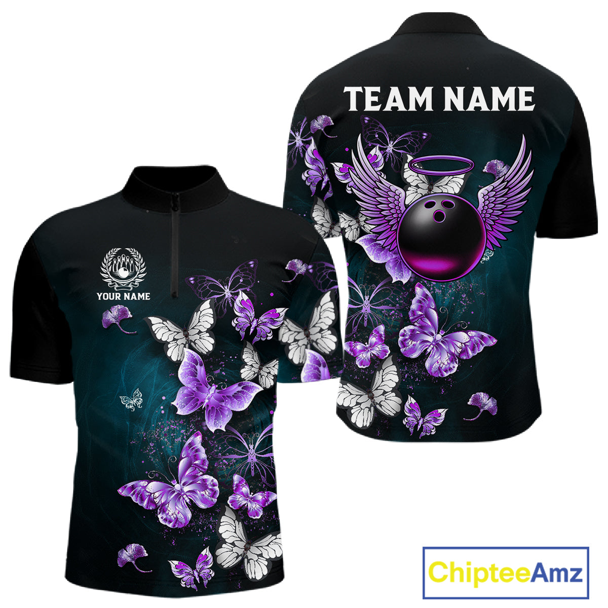 Custom Purple Butterfly Bowling Polo, 1/4 zip jerseys For Men, Bowling Team Shirt With Butterflies NQS11613