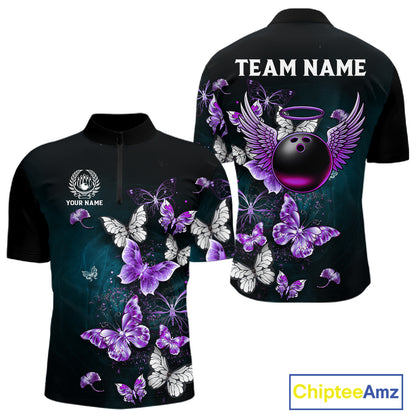 Custom Purple Butterfly Bowling Polo, 1/4 zip jerseys For Men, Bowling Team Shirt With Butterflies NQS11613