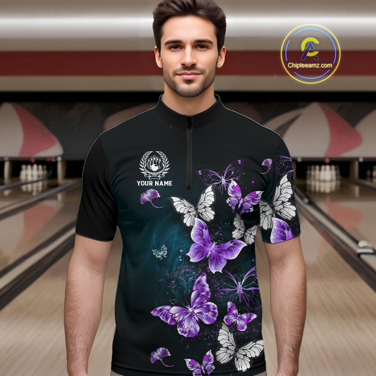 Custom Purple Butterfly Bowling Polo, 1/4 zip jerseys For Men, Bowling Team Shirt With Butterflies NQS11613