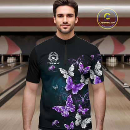 Custom Purple Butterfly Bowling Polo, 1/4 zip jerseys For Men, Bowling Team Shirt With Butterflies NQS11613