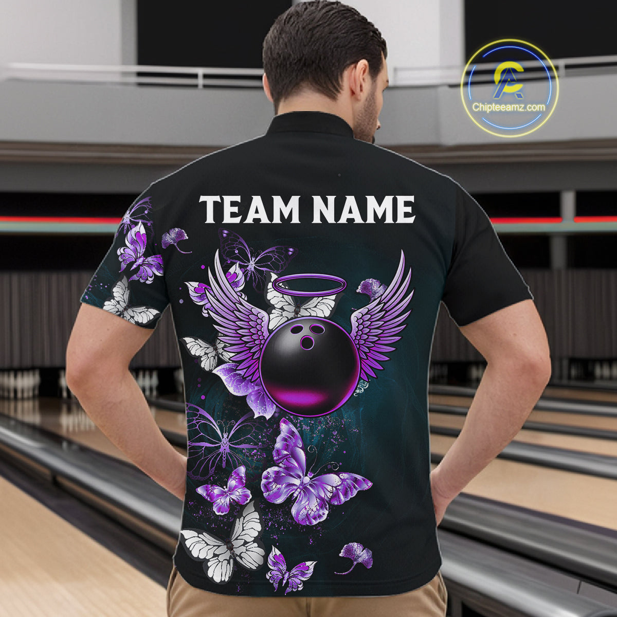 Custom Purple Butterfly Bowling Polo, 1/4 zip jerseys For Men, Bowling Team Shirt With Butterflies NQS11613