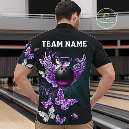 Custom Purple Butterfly Bowling Polo, 1/4 zip jerseys For Men, Bowling Team Shirt With Butterflies NQS11613