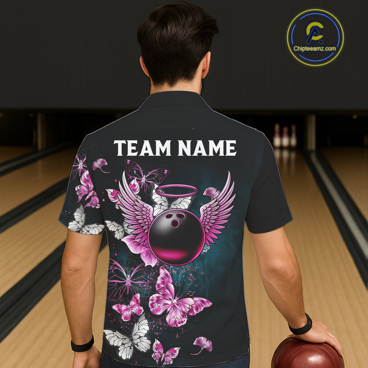 Custom Pink Butterfly Bowling Button-up Shirts, Hawaiian Bowling Team Shirt With Butterflies NQS11614