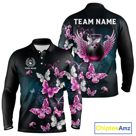 Custom Pink Butterfly Bowling Polo, 1/4 zip jerseys For Men, Bowling Team Shirt With Butterflies NQS11614