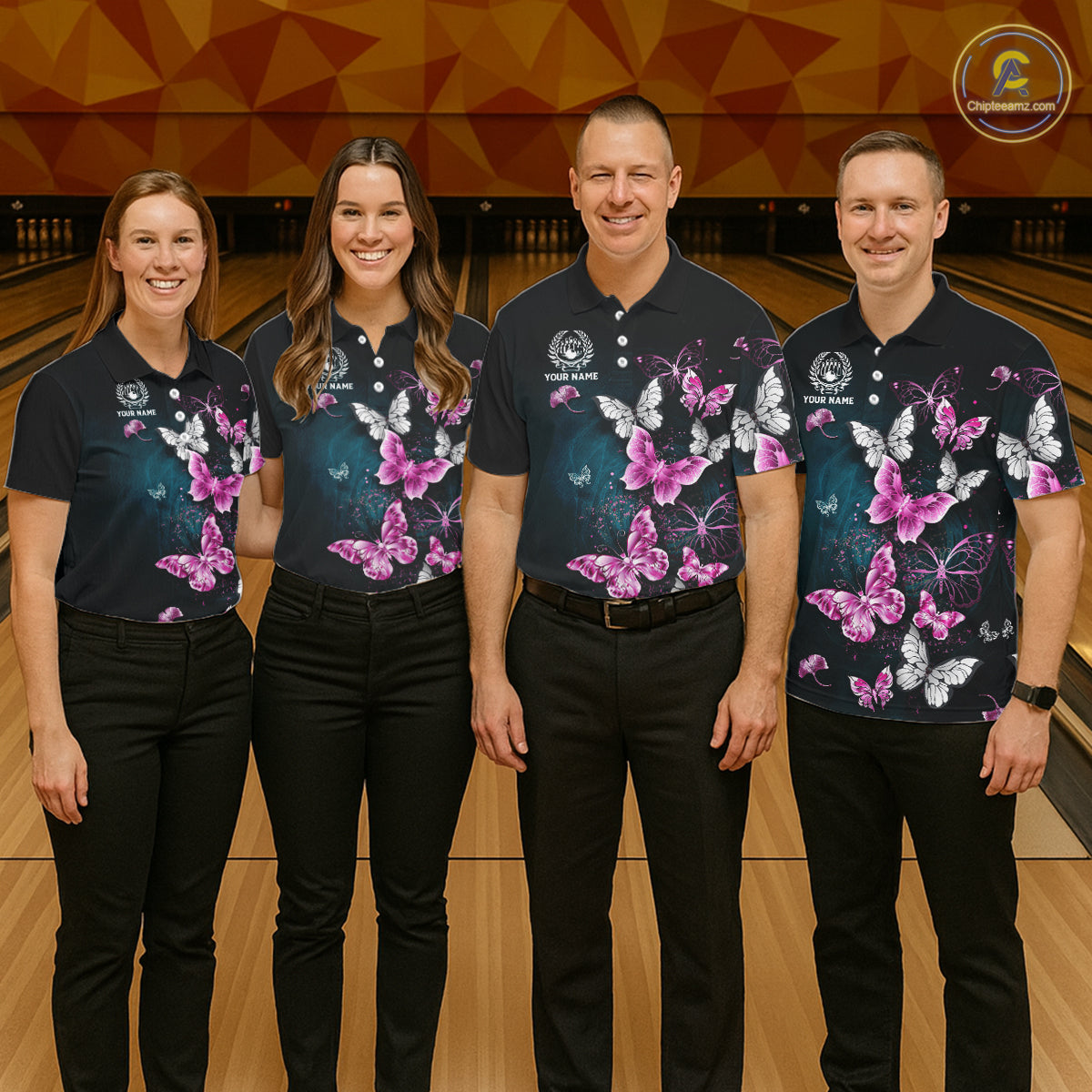 Custom Pink Butterfly Bowling Polo, 1/4 zip jerseys For Men, Bowling Team Shirt With Butterflies NQS11614