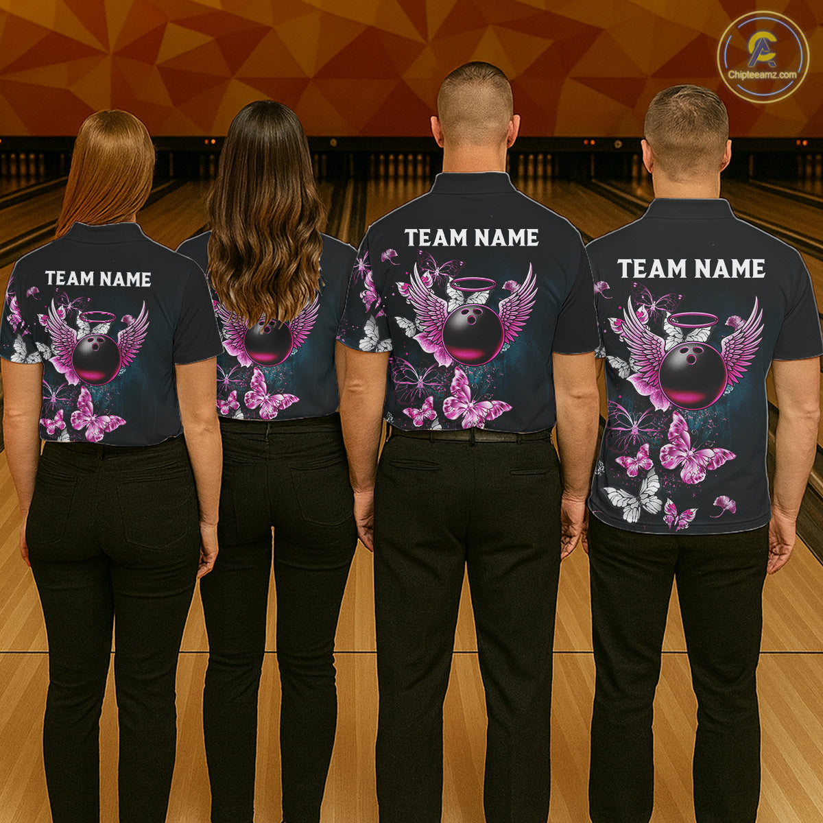 Custom Pink Butterfly Bowling Polo, 1/4 zip jerseys For Men, Bowling Team Shirt With Butterflies NQS11614