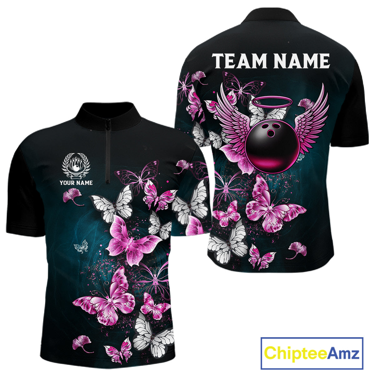 Custom Pink Butterfly Bowling Polo, 1/4 zip jerseys For Men, Bowling Team Shirt With Butterflies NQS11614