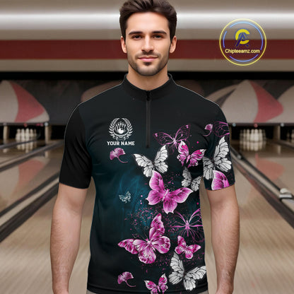 Custom Pink Butterfly Bowling Polo, 1/4 zip jerseys For Men, Bowling Team Shirt With Butterflies NQS11614