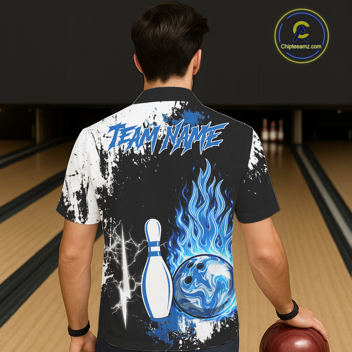 Custom Blue Flame Lightning Thunder Bowling Button-up shirt, black and white bowling team jerseys NQS11617