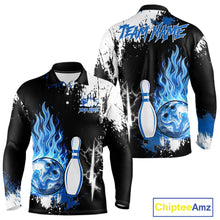 Load image into Gallery viewer, Custom Blue Flame Lightning Thunder Bowling shirts for Men, black and white bowling team jerseys NQS11617