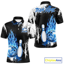 Load image into Gallery viewer, Custom Blue Flame Lightning Thunder Bowling shirts for Men, black and white bowling team jerseys NQS11617