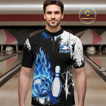 Load image into Gallery viewer, Custom Blue Flame Lightning Thunder Bowling shirts for Men, black and white bowling team jerseys NQS11617