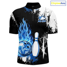 Load image into Gallery viewer, Custom Blue Flame Lightning Thunder Bowling shirts for Men, black and white bowling team jerseys NQS11617