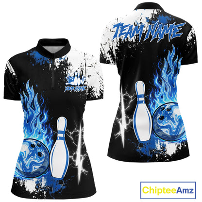 Custom Blue Flame Lightning Thunder Bowling shirts for Women, black and white bowling team jerseys NQS11617