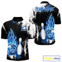 Load image into Gallery viewer, Custom Blue Flame Lightning Thunder Bowling shirts for Men, black and white bowling team jerseys NQS11617