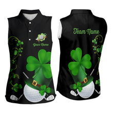 Load image into Gallery viewer, Green shamrock Lucky Women sleeveless polo golf shirts Custom St Patrick Day black team golf jerseys NQS9644