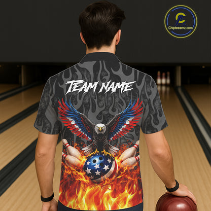Black & Orange Flame American Flag Eagle Bowling Button-up Shirt Custom Patriotic Bowling Team Jersey NQS11722