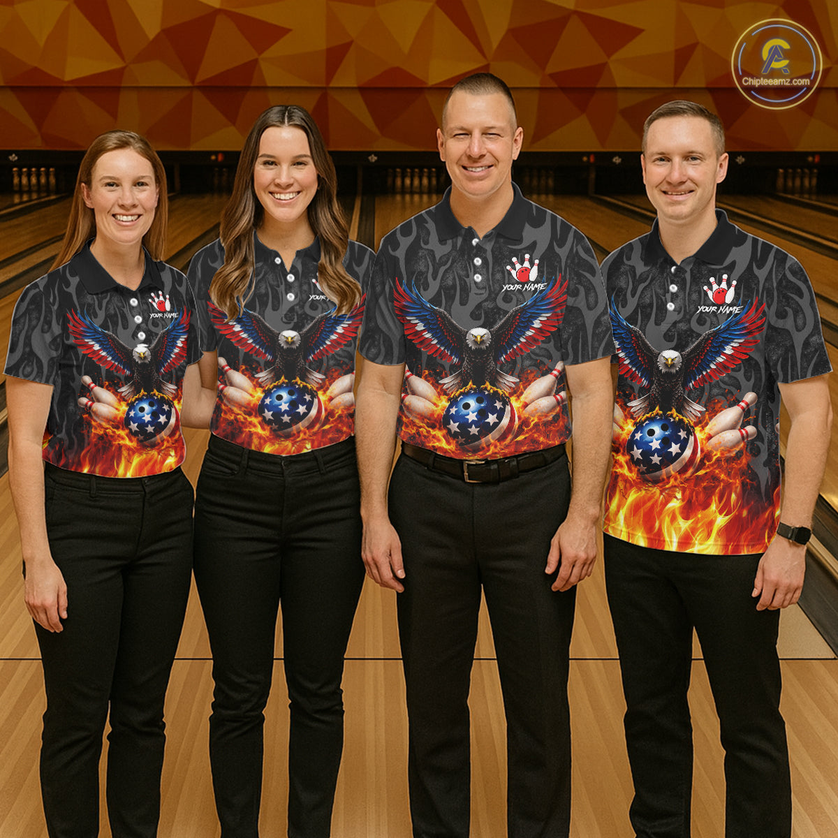 Black and Orange Flame American Flag Eagle Bowling Shirt For Men Custom Patriotic Bowling Team Jersey NQS11722