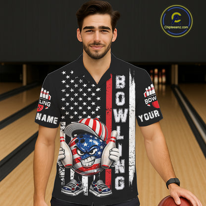Black American Flag Funny Bowling Button-up Shirt Custom Patriotic Hawaiian Bowling Team Jersey NQS11723