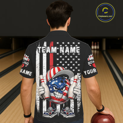 Black American Flag Funny Bowling Button-up Shirt Custom Patriotic Hawaiian Bowling Team Jersey NQS11723