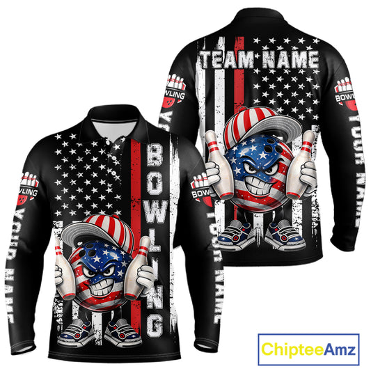 Black American Flag Funny Bowling Polo, 1/4 Zip Shirt For Men Custom Patriotic Bowling Team Jersey NQS11723