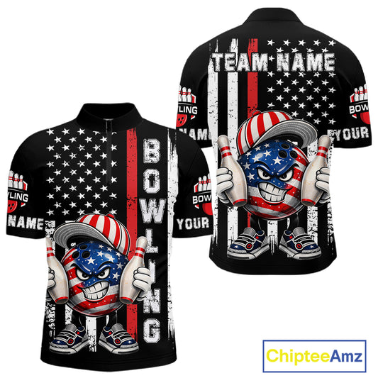 Black American Flag Funny Bowling Polo, 1/4 Zip Shirt For Men Custom Patriotic Bowling Team Jersey NQS11723