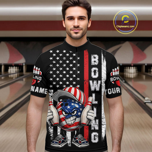 Black American Flag Funny Bowling Polo, 1/4 Zip Shirt For Men Custom Patriotic Bowling Team Jersey NQS11723