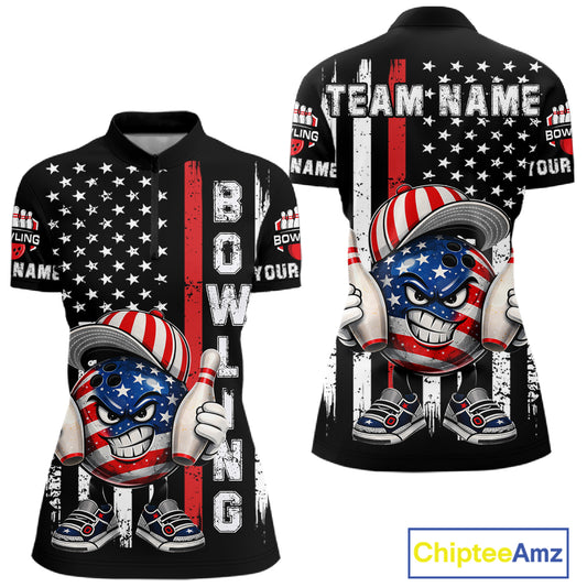 Black American Flag Funny Bowling Polo, 1/4 Zip Shirt For Women Custom Patriotic Bowling Team Jersey NQS11723