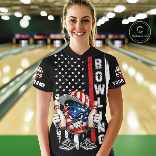Black American Flag Funny Bowling Polo, 1/4 Zip Shirt For Women Custom Patriotic Bowling Team Jersey NQS11723