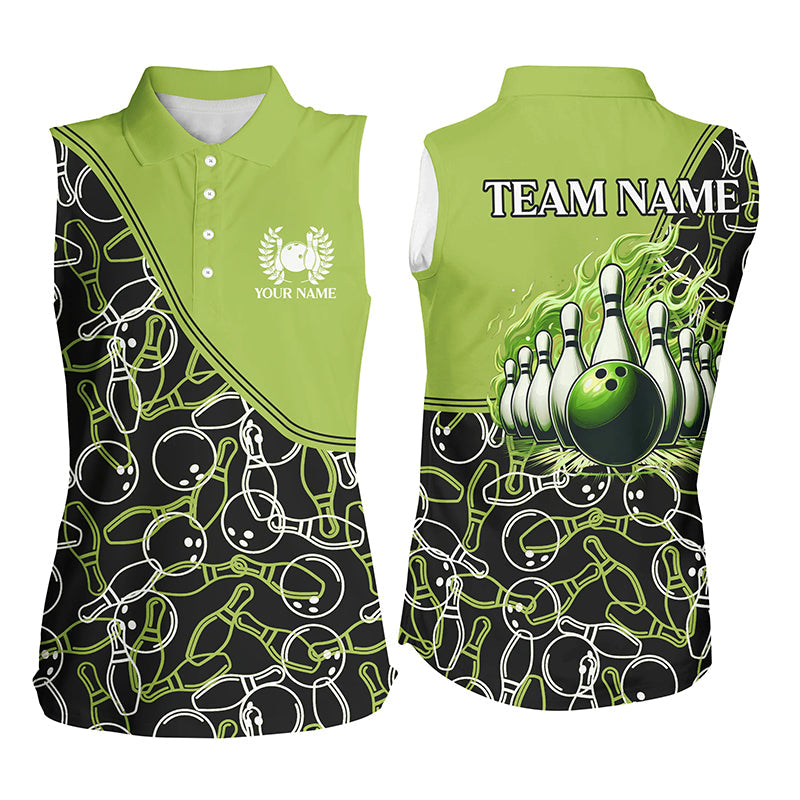 Women sleeveless polo shirts custom team name Green camo Bowling Ball and Pins, team bowling jerseys NQS7782