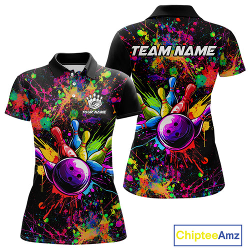 Colorful watercolor Bowling Polo, 1/4 Zip Shirt for Women Custom Bowling Team jersey for bowlers NQS10242
