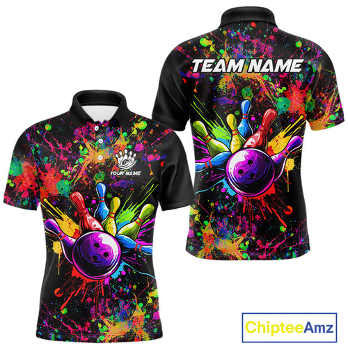 Colorful watercolor Bowling Polo, 1/4 Zip Shirt for mens Custom Bowling Team jersey for bowlers NQS10242