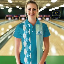 Load image into Gallery viewer, Retro Cyan Blue argyle pattern Bowling shirts For Women custom bowling team jerseys Bowler Outfits NQS10404