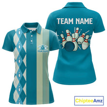 Load image into Gallery viewer, Retro Cyan Blue argyle pattern Bowling shirts For Women custom bowling team jerseys Bowler Outfits NQS10404