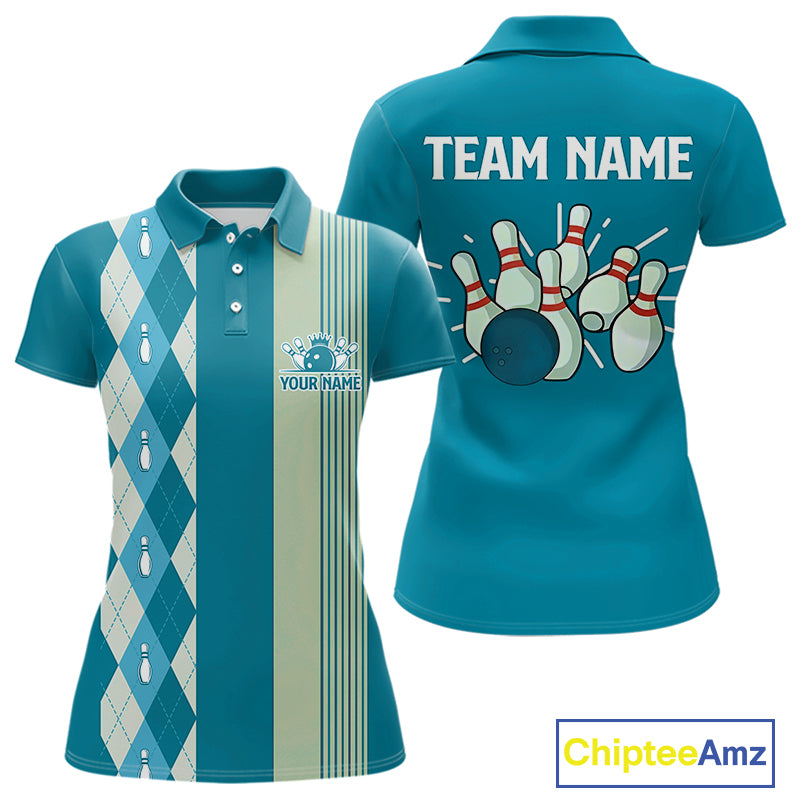 Retro Cyan Blue argyle pattern Bowling shirts For Women custom bowling team jerseys Bowler Outfits NQS10404