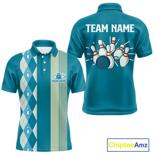 Retro Cyan Blue argyle pattern Bowling shirts For Men custom bowling team jerseys Bowler Outfits NQS10404
