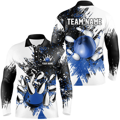 Black and White Men Bowling Polo, Quarter Zip Shirt Custom bowling jerseys, mens bowling outfit | Blue NQS8430