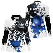 Load image into Gallery viewer, Black White Women Bowling Polo, Quarter Zip Shirts Custom bowling jersey, girls bowling outfit | Blue NQS8430