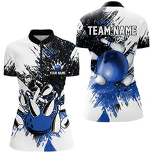 Load image into Gallery viewer, Black White Women Bowling Polo, Quarter Zip Shirts Custom bowling jersey, girls bowling outfit | Blue NQS8430