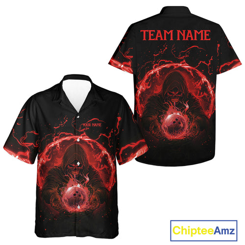 Bowling Hawaiian Shirt Custom red flame skull bowling team button up shirt, gift for Bowlers NQS10612