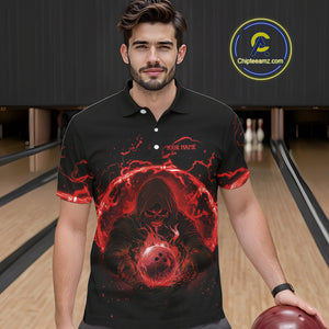 Mens bowling polo, 1/4 zip shirts Custom red flame skull bowling team jerseys, gift for Bowlers NQS10612