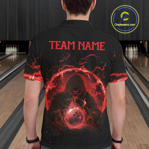 Mens bowling polo, 1/4 zip shirts Custom red flame skull bowling team jerseys, gift for Bowlers NQS10612