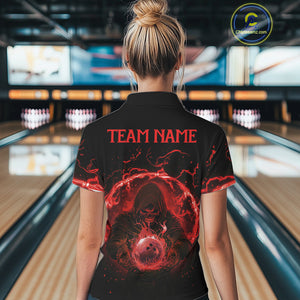 Women bowling polo, 1/4 zip shirts Custom red flame skull bowling team jerseys, gift for Bowlers NQS10612