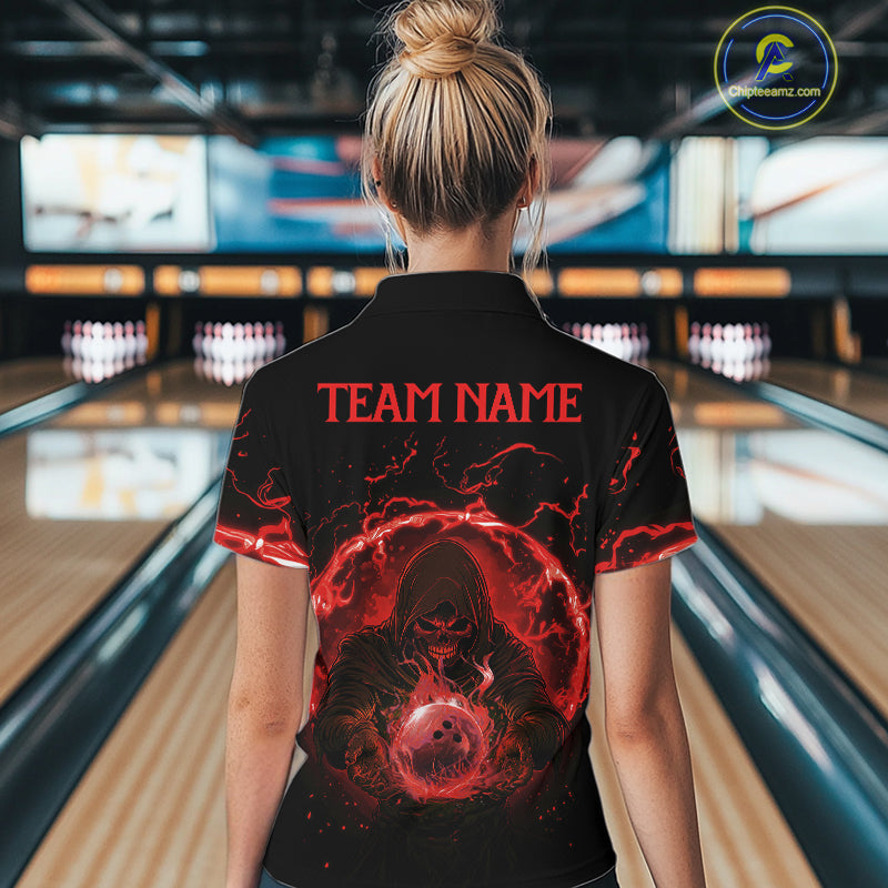 Women bowling polo, 1/4 zip shirts Custom red flame skull bowling team jerseys, gift for Bowlers NQS10612