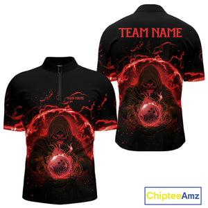 Mens bowling polo, 1/4 zip shirts Custom red flame skull bowling team jerseys, gift for Bowlers NQS10612