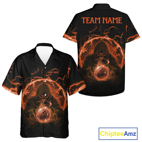 Bowling Hawaiian Shirt Custom orange flame skull bowling team button up shirt, gift for Bowlers NQS10613